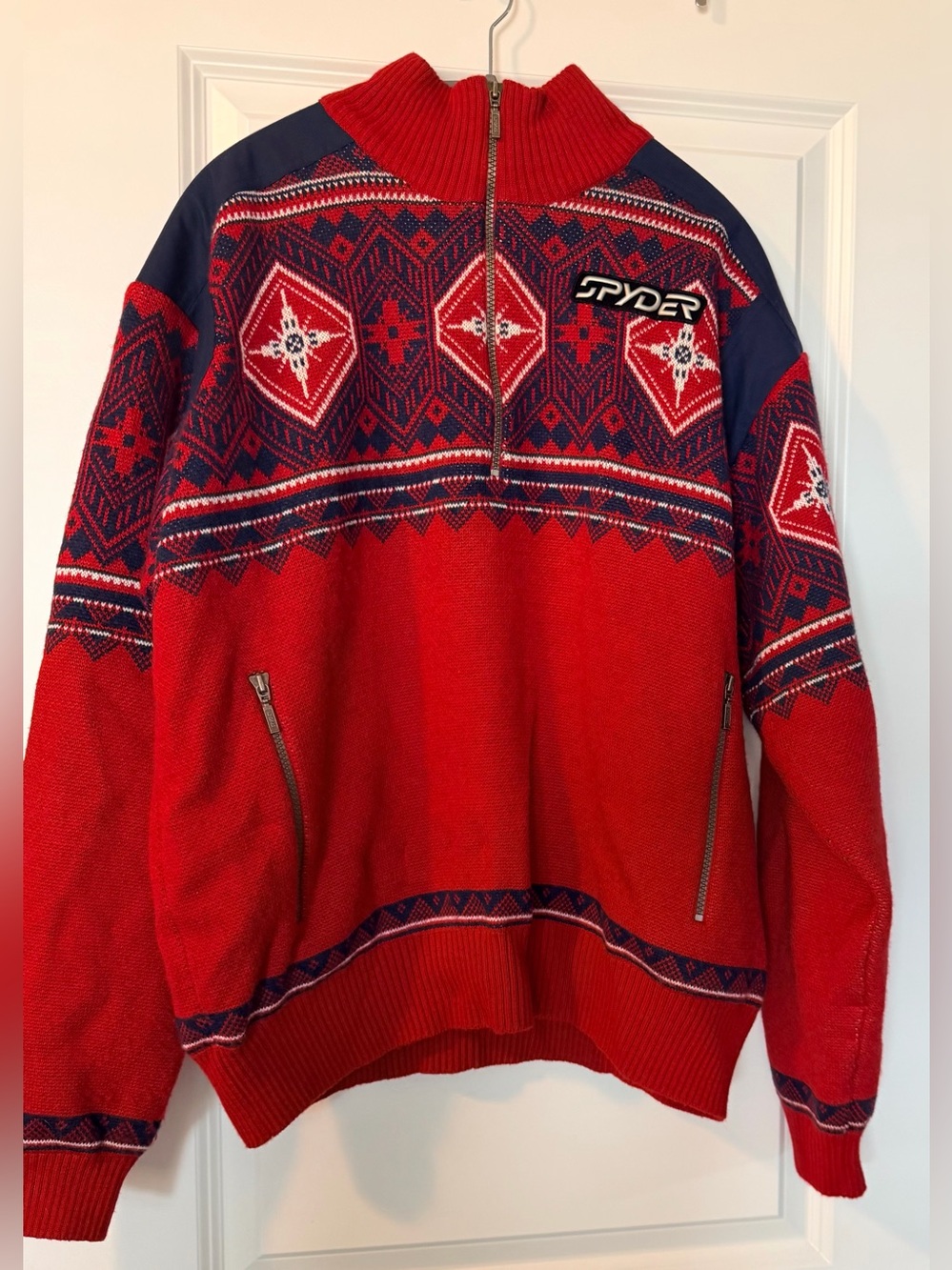 Vintage Spyder Lined Ski Sweater Men's Large Red Nordic Fair Isle 1/4 Zip